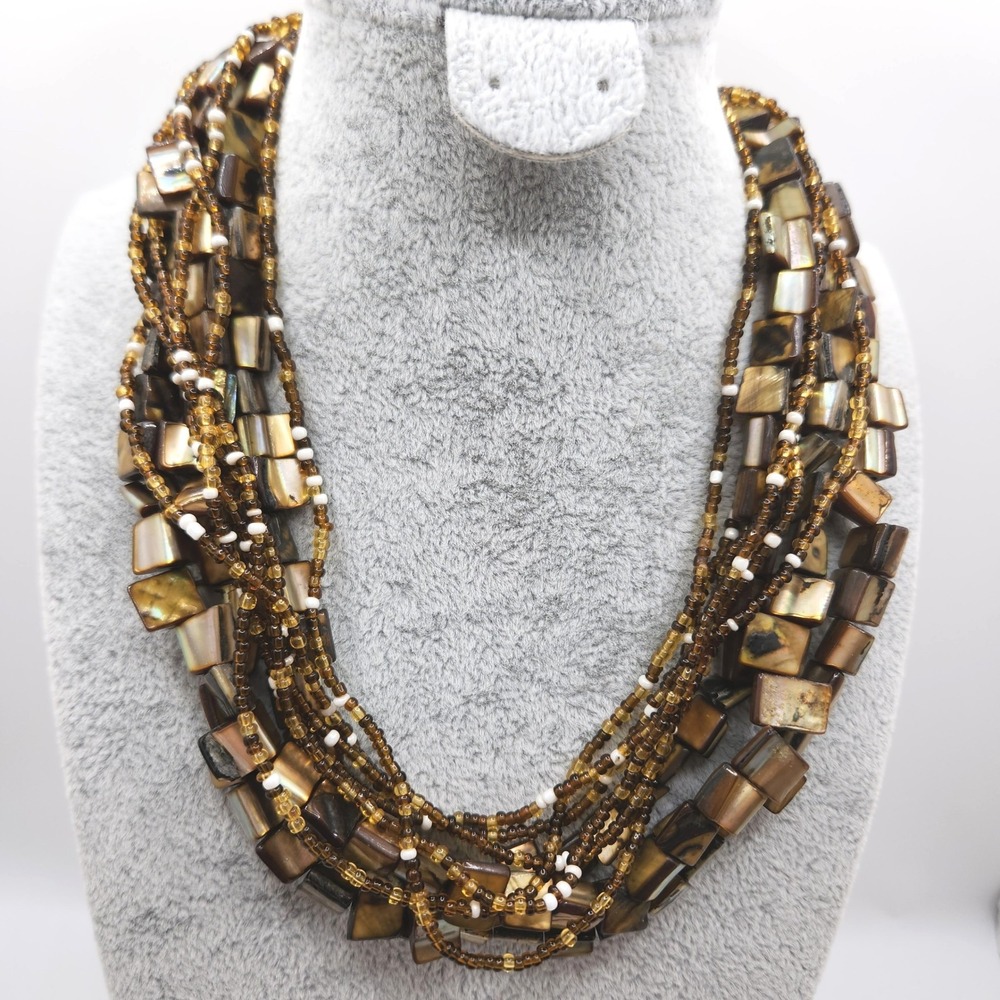 Boho Bib Statement Necklace Mother of Pearl Multiโ Strand Brown by Lane Bryant